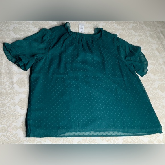 LOFT Teal Hunter Green Ruffle Front Swiss Dot Blouse Women’s Large NWT - Picture 8 of 9